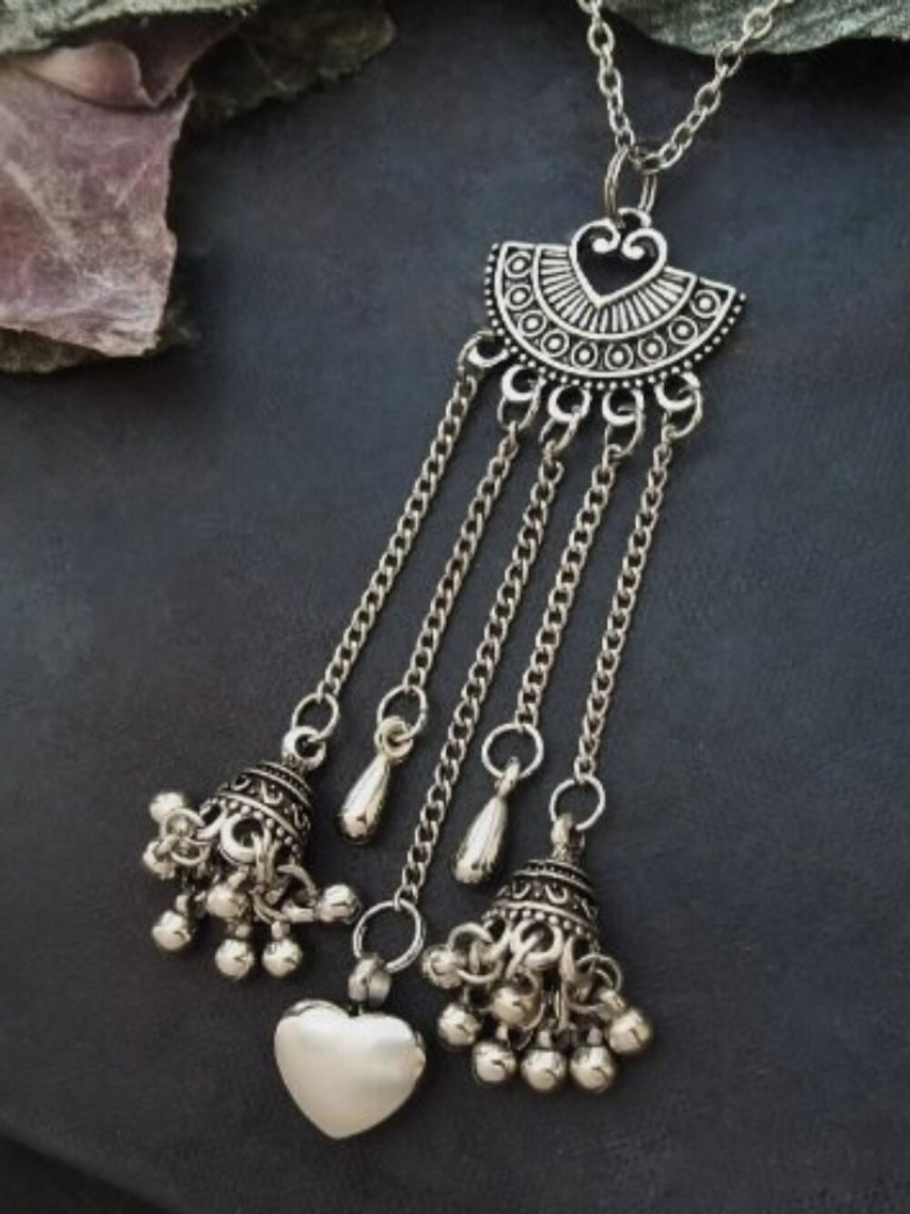 Boho Jhumka Bell Tassel Heart Necklace Stainless Steel